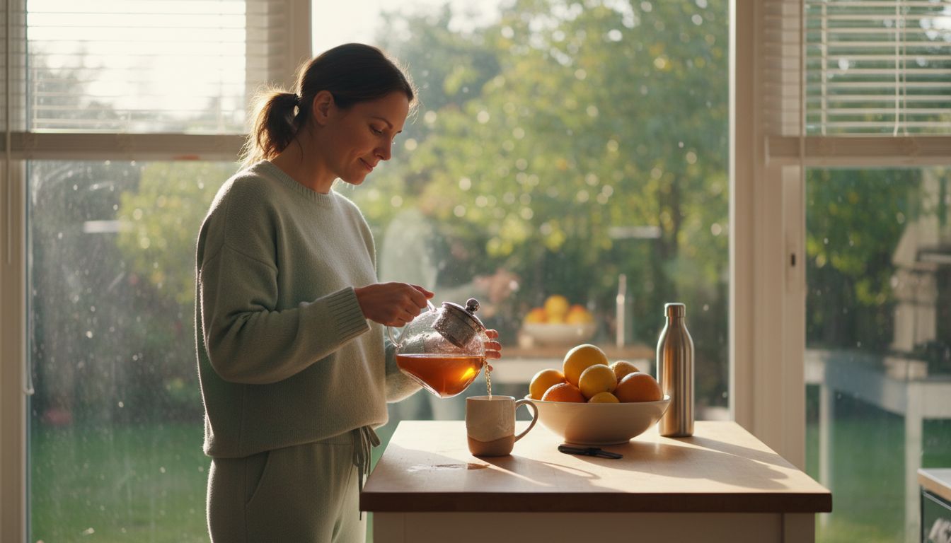 Woman preparing herbal tea for morning detox