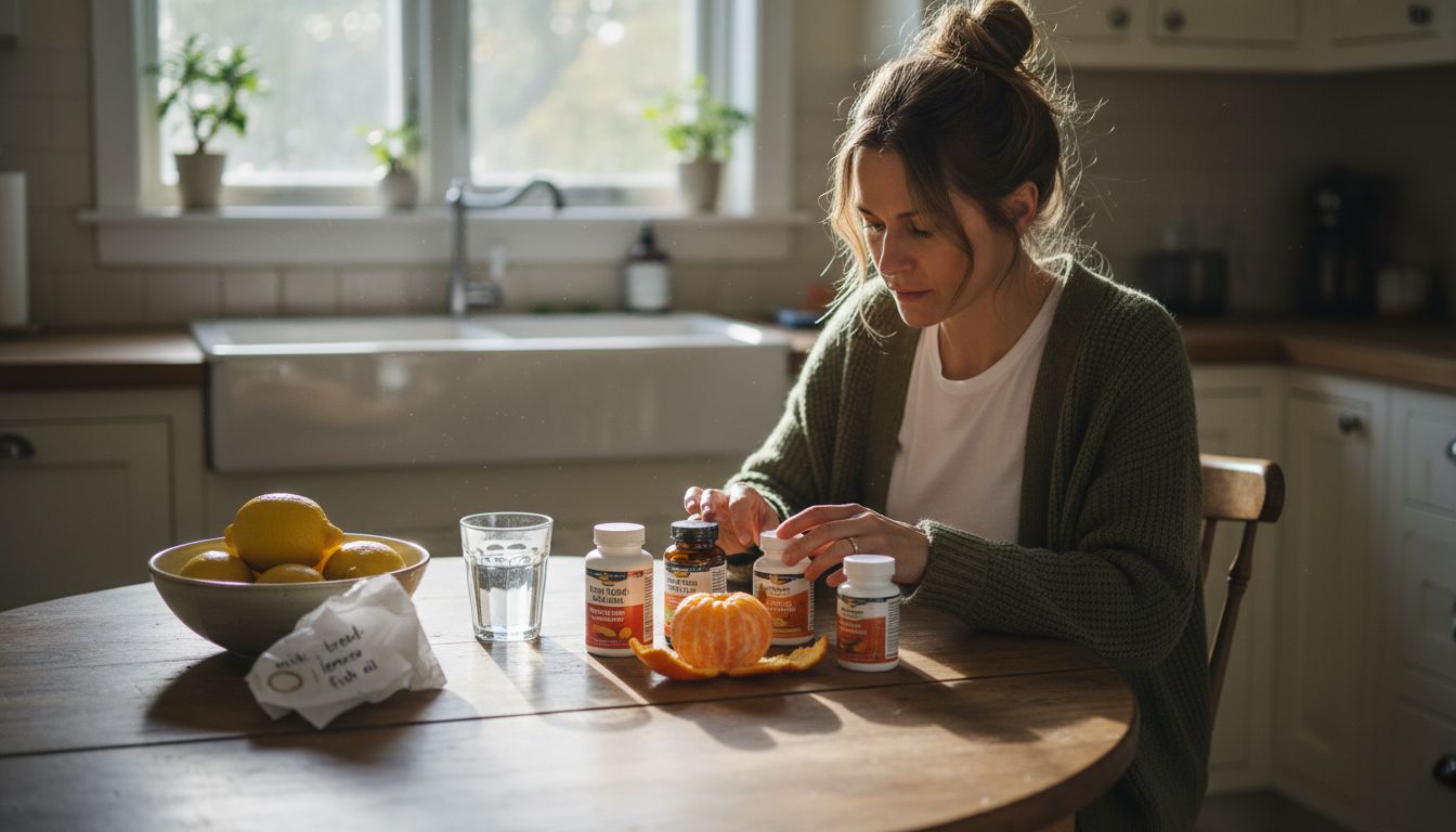 Woman arranging liver health supplements at kitchen table