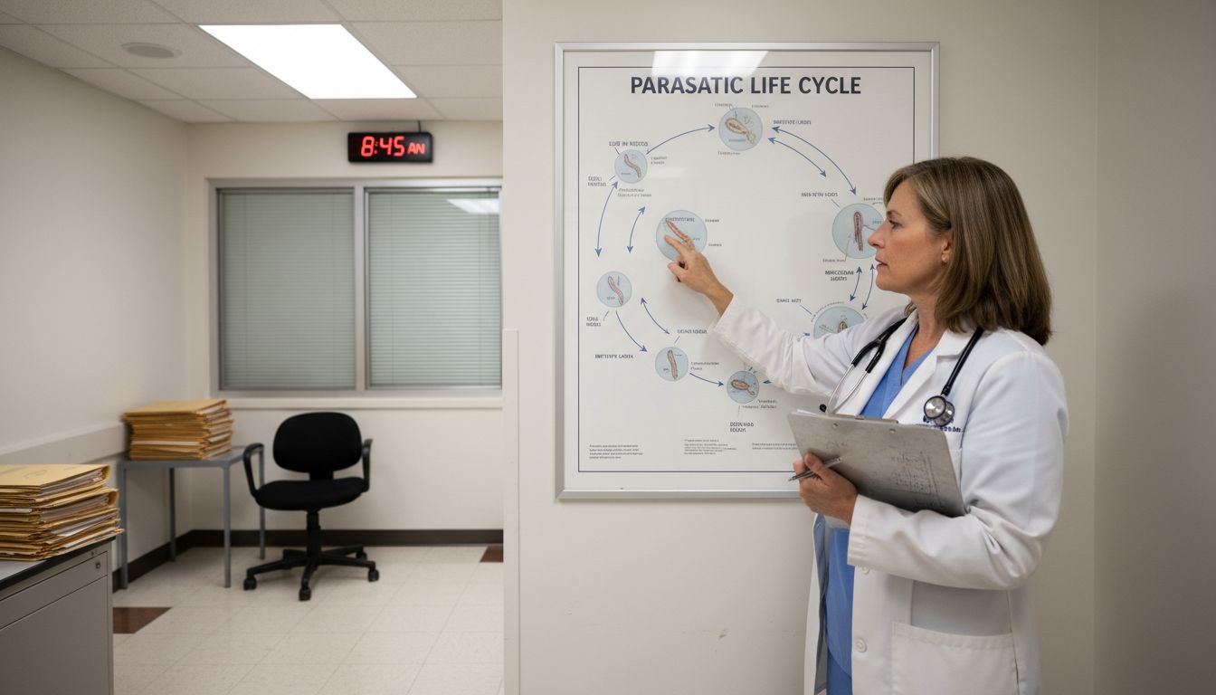 Doctor points to parasite life cycle diagram