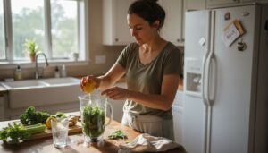 Woman preparing detox smoothie at kitchen counter
