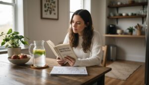 Woman reading nutrition book at kitchen table