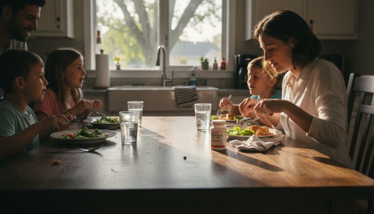Concerned woman at family dinner table