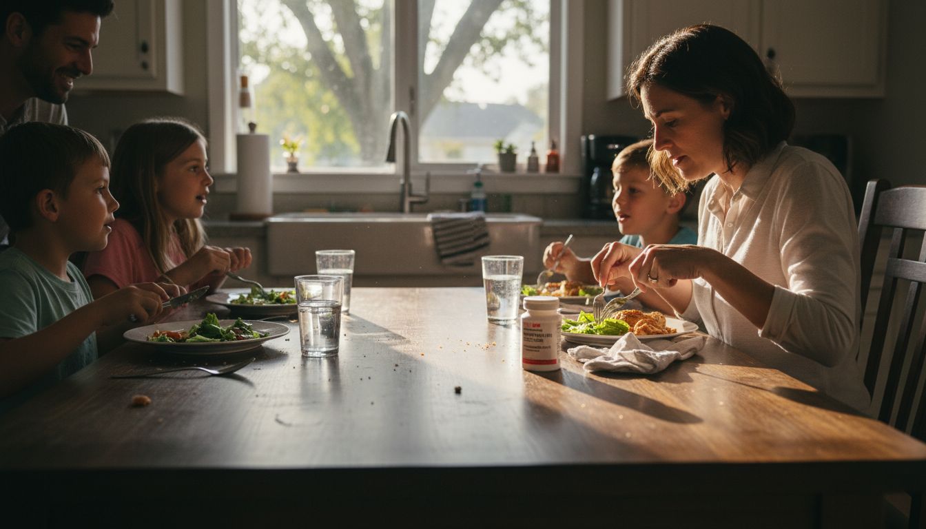 Concerned woman at family dinner table