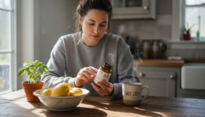 Woman examines liver supplement bottle at kitchen table