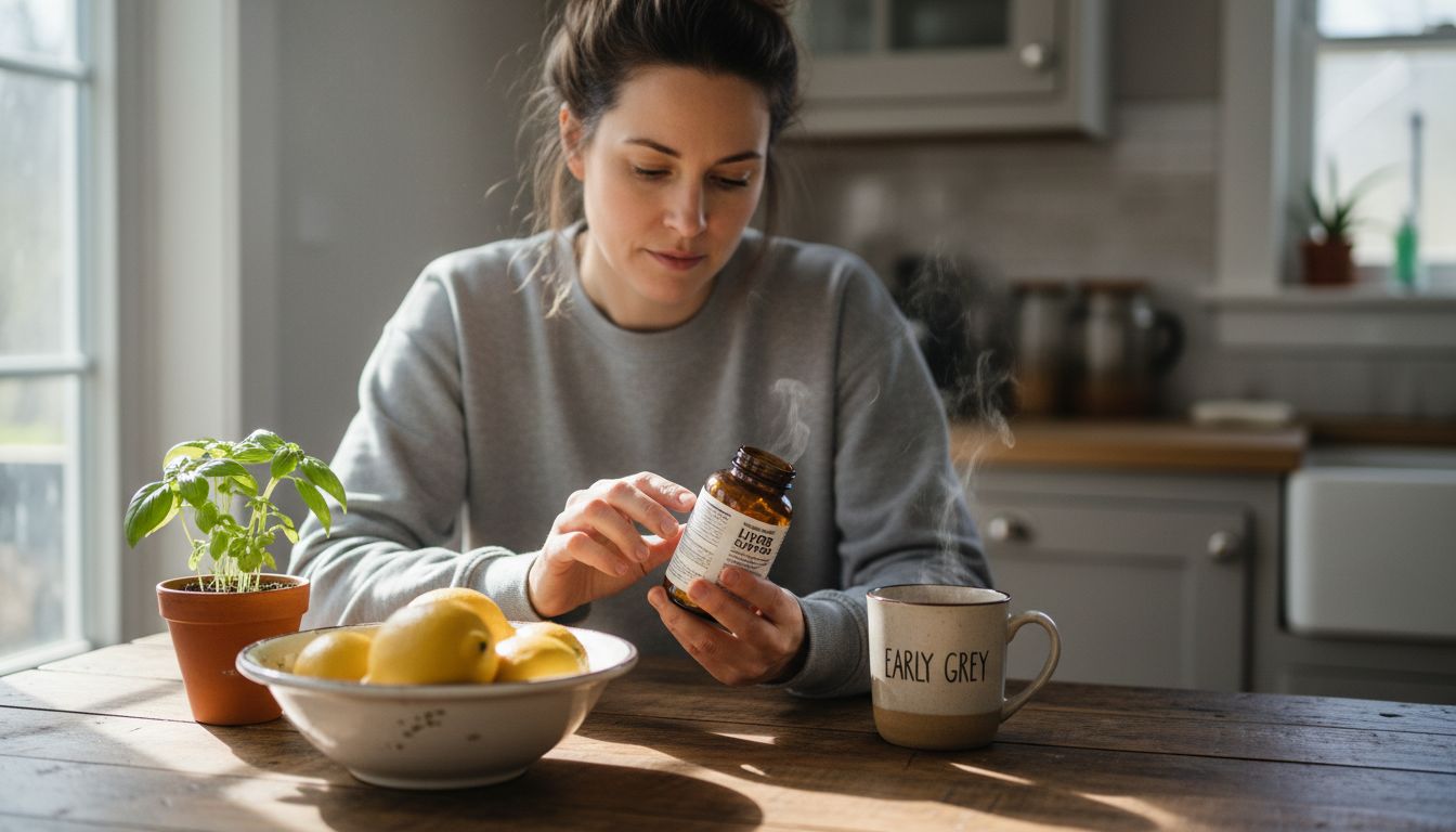 Woman examines liver supplement bottle at kitchen table