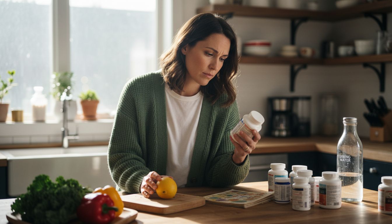 Woman preparing liver health supplements in kitchen