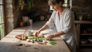 Various natural herbs for parasite detox on wood table