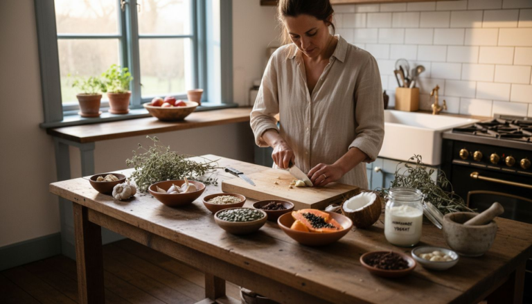 Natural foods displayed for parasite cleanse in kitchen
