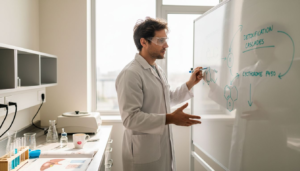Scientist explains detoxification pathway on whiteboard