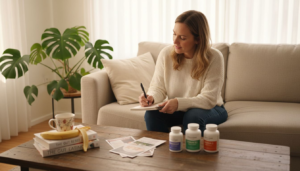 Woman journaling wellness with detox supplements