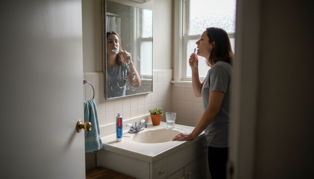 Woman brushing teeth in home bathroom