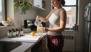 Morning detox routine in city kitchen