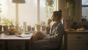 Woman relaxing with tea in detox-friendly home