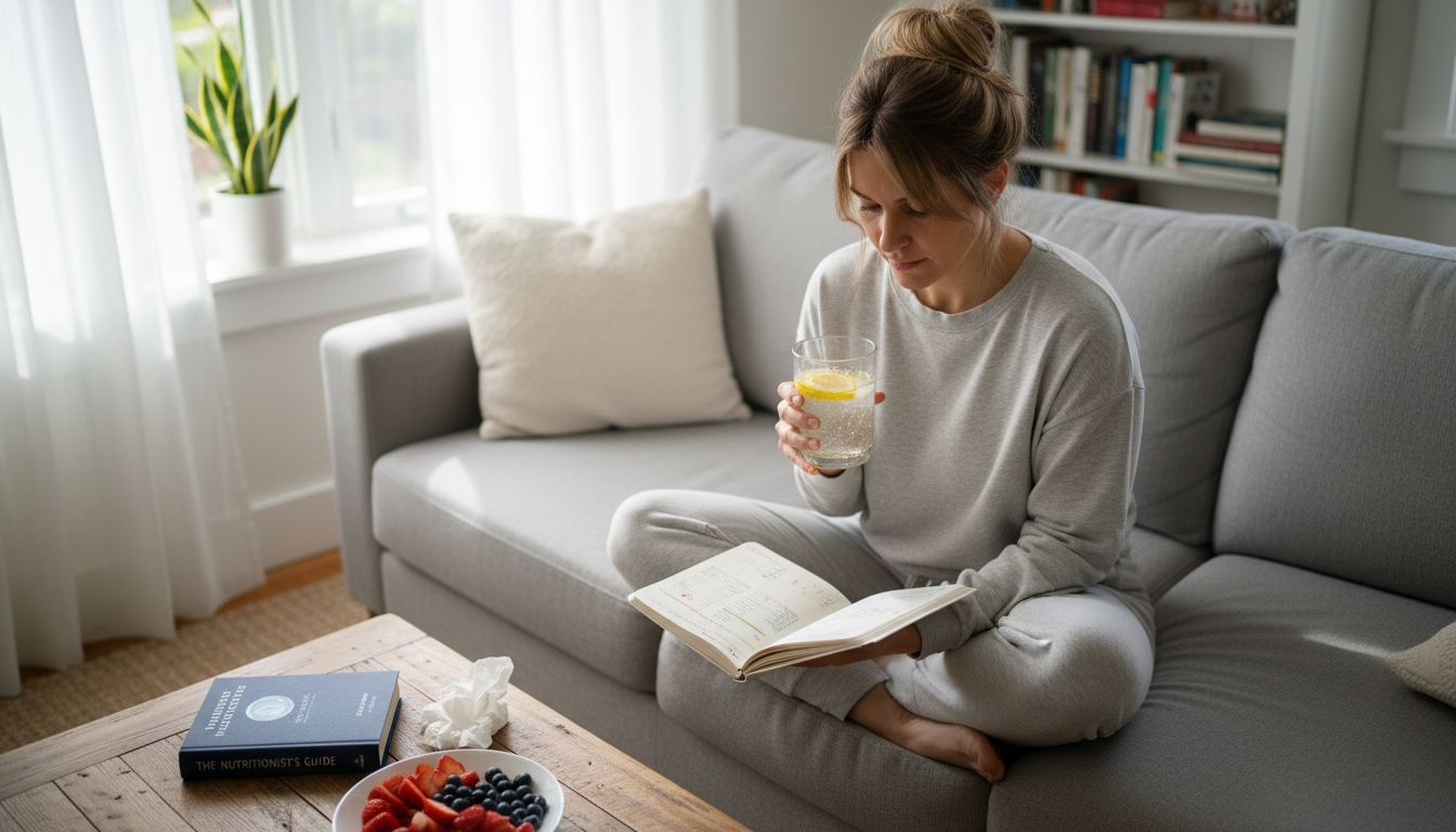 Woman drinking water reading health journal at home