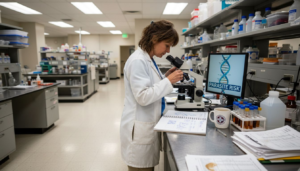 Scientist analyzing parasite-related cancer slides