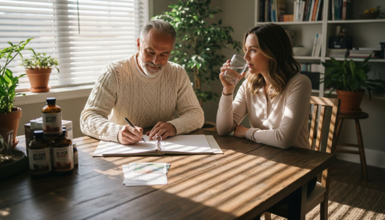 Health practitioner consulting on detox in office