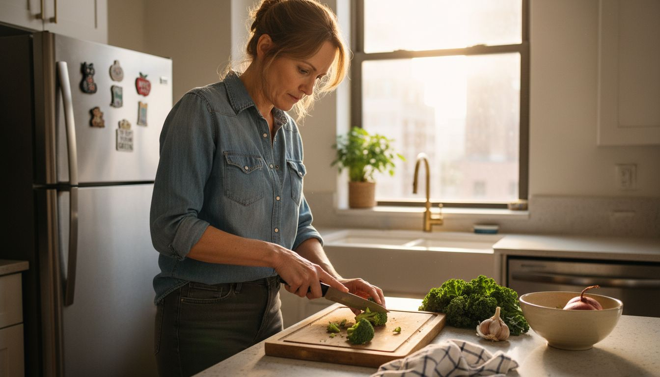 Woman preparing vegetables in urban kitchen