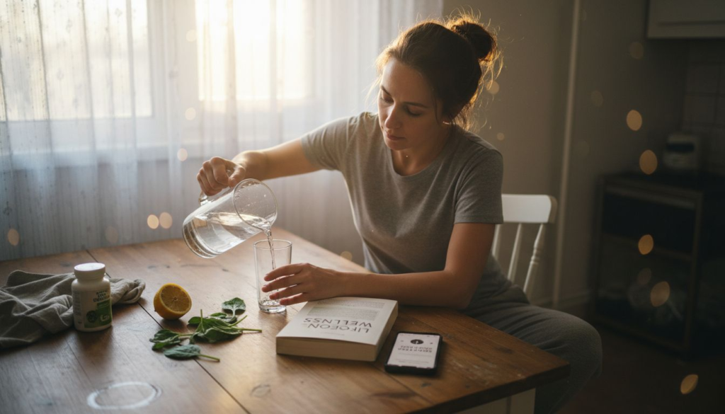 Woman preparing detox drink in kitchen