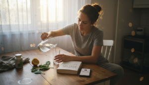 Woman preparing detox drink in kitchen