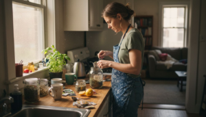 Woman preparing herbal detox tea in sunlit kitchen