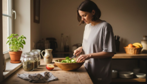 Woman prepping gut healthy food in sunlit kitchen
