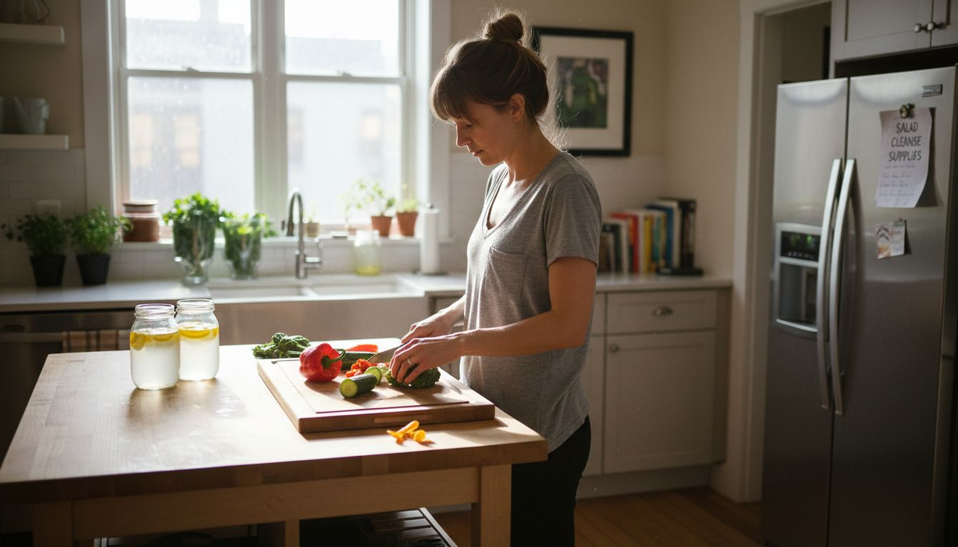 Woman preparing gut health cleanse meal in kitchen
