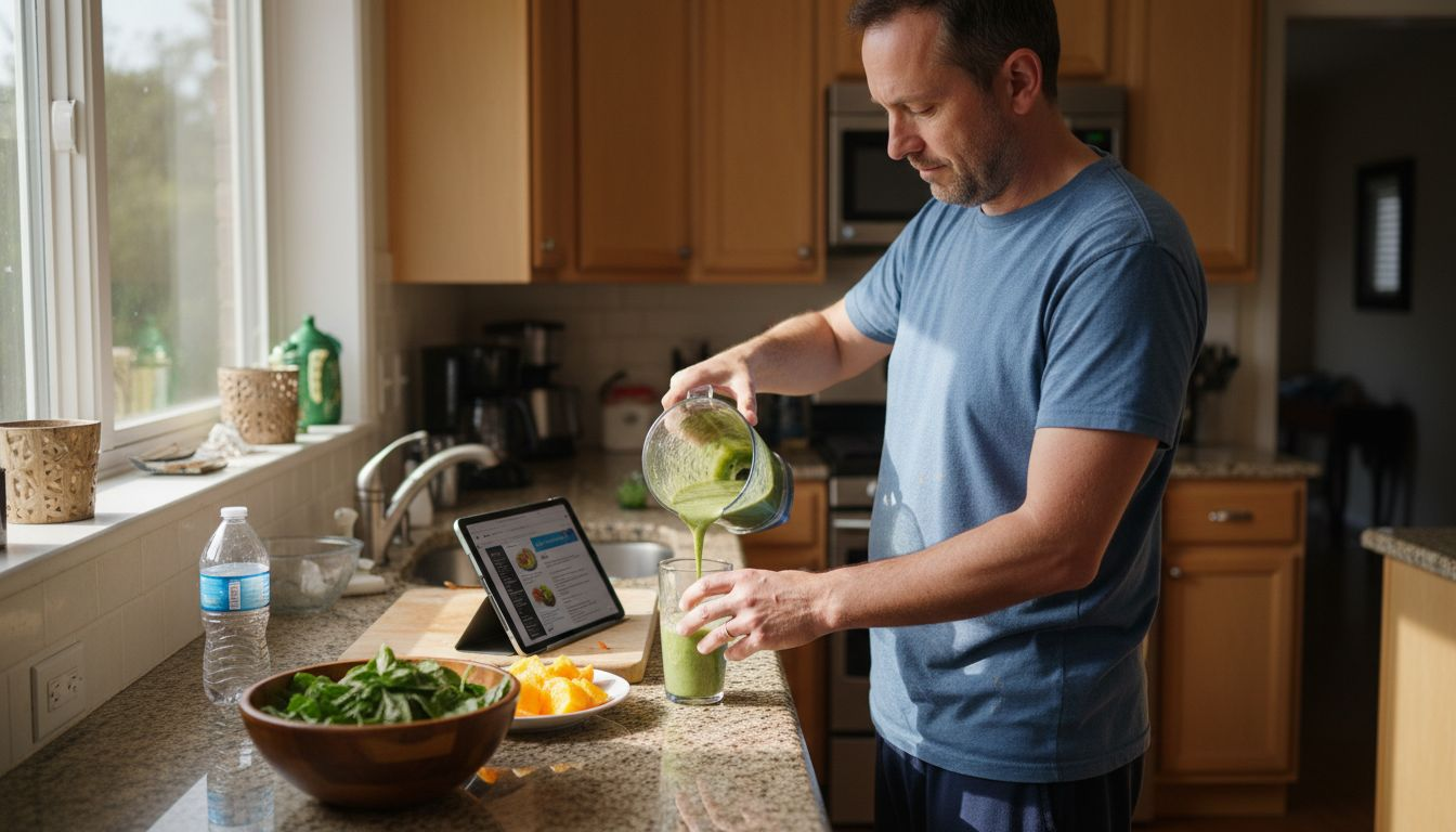 Man preparing healthy breakfast in kitchen