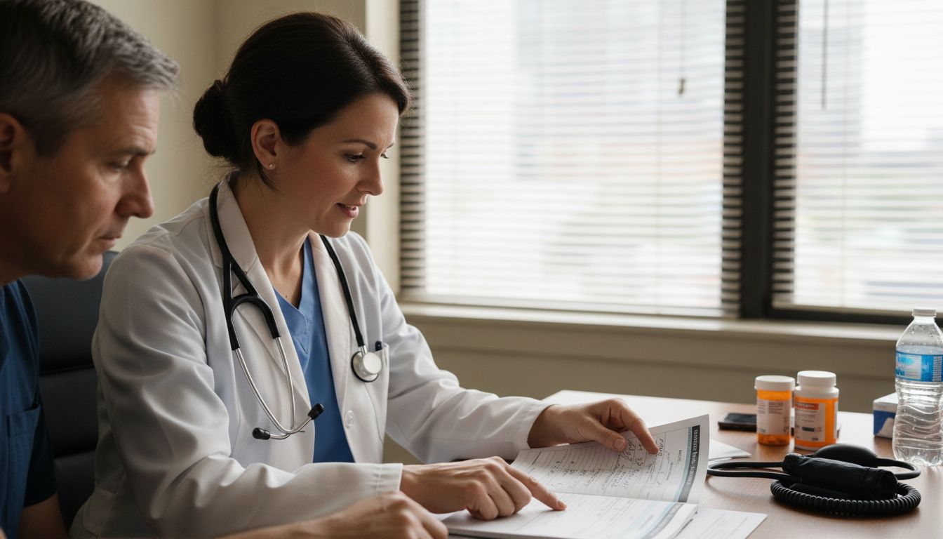 Oncologist with patient reviewing cancer risk chart