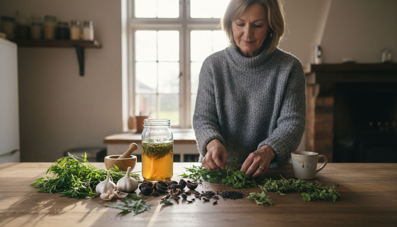 Selection of natural antiparasitic herbs in rustic kitchen