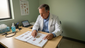 Doctor showing parasite chart to patient in exam room