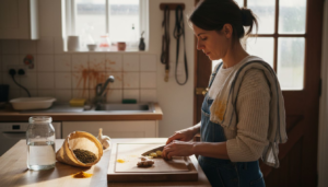 Woman preparing anti-parasitic foods in home kitchen