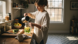 Woman preparing detox water in kitchen