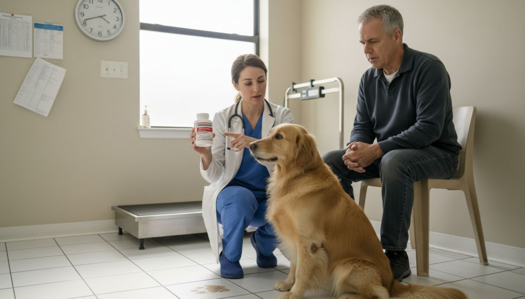 Veterinarian explaining fenbendazole dosage to dog owner