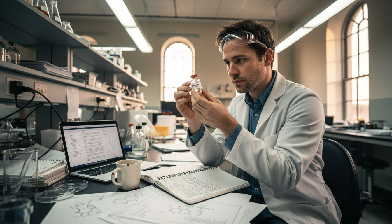 Scientist examining fenbendazole vial at lab bench