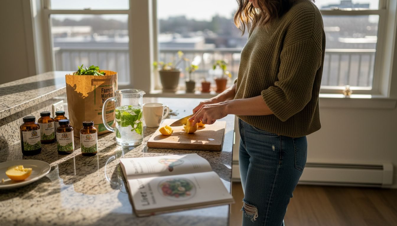 Woman preparing fresh lemon water in kitchen