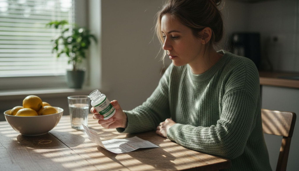 Woman examining herbal remedy capsules at kitchen table