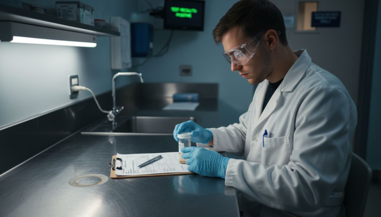 Lab technician inspecting stool sample