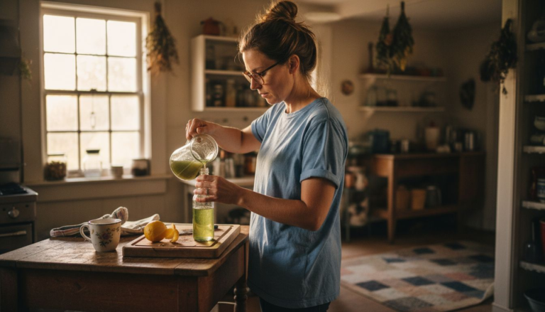 Woman preparing liver detox drink in kitchen