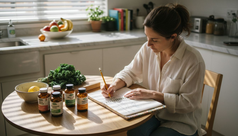 Nutritionist sorting detox pills at kitchen table