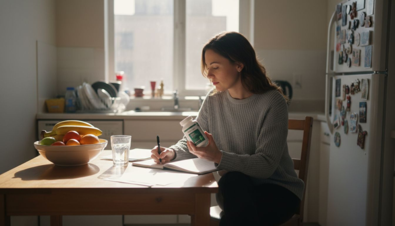 Woman reading DIM Detox supplement label at kitchen table