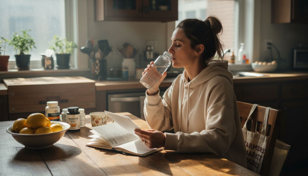 Woman journaling about detox at kitchen table