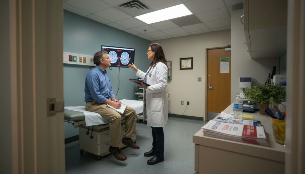 Neurologist reviewing brain scan with patient