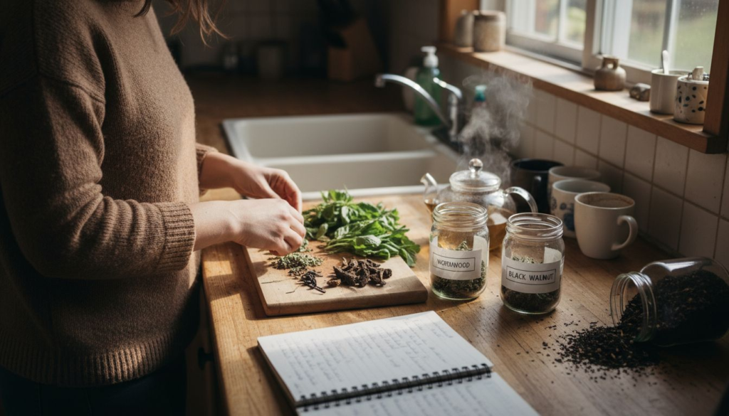 Woman sorting herbs for homemade detox tea