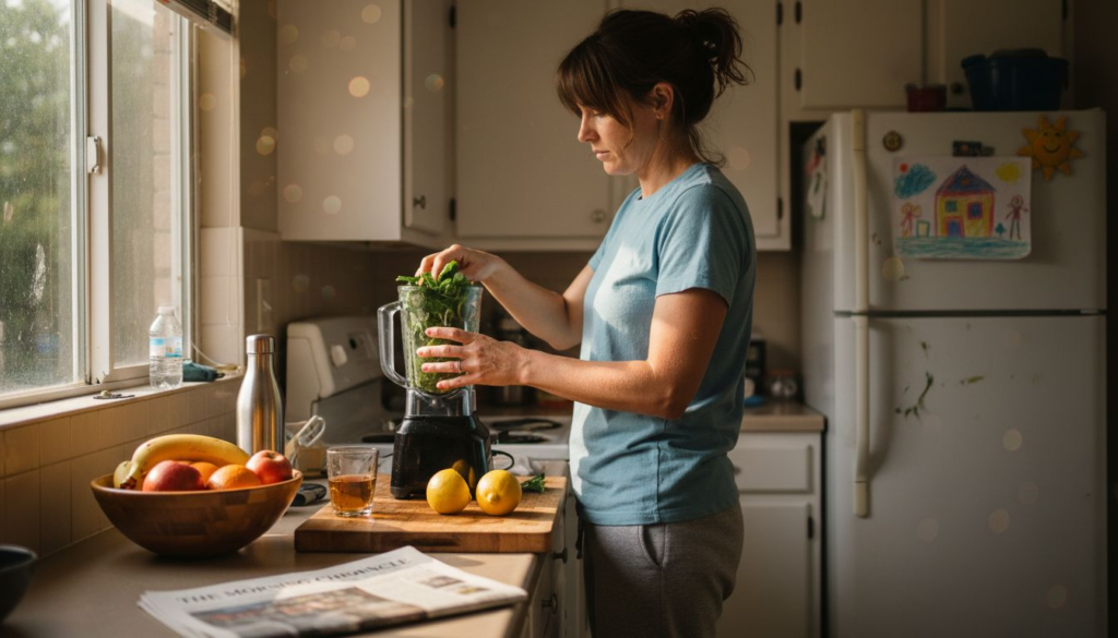 Woman prepares smoothie for detox morning routine