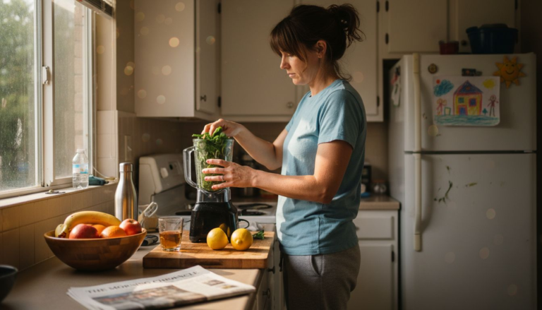 Woman prepares smoothie for detox morning routine