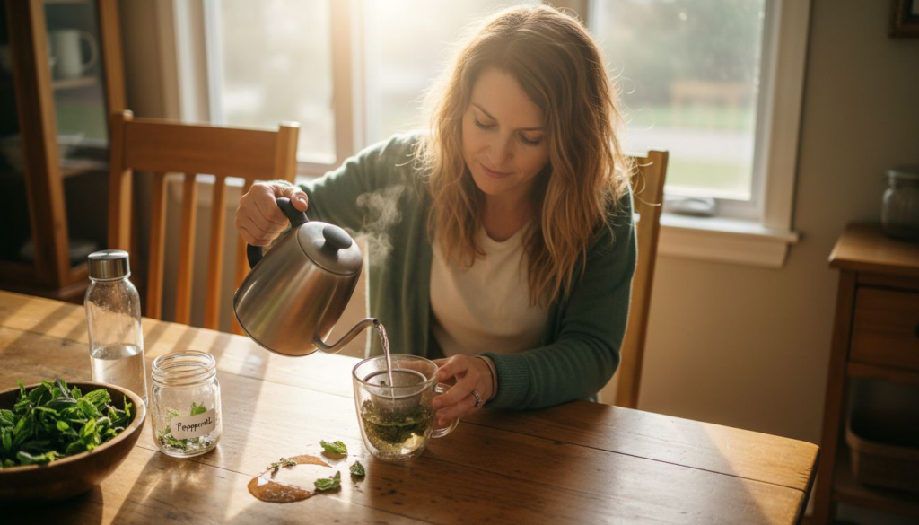 Woman preparing herbal cleanse tea at kitchen table
