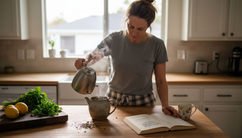 Woman preparing herbal detox tea in kitchen