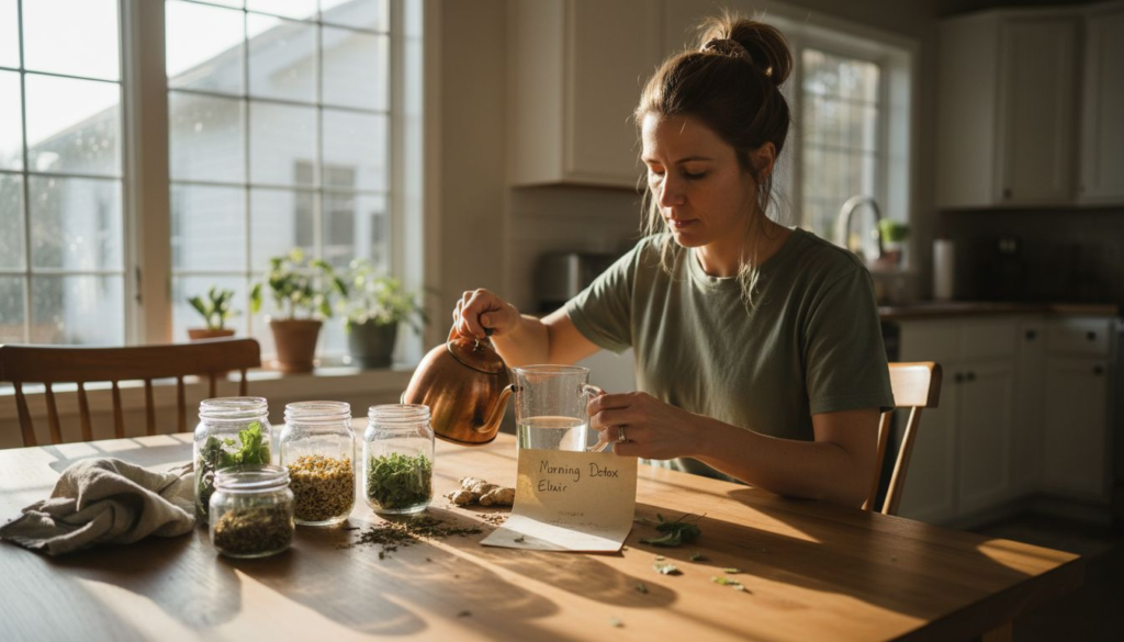 Preparing herbal detox drink in home kitchen