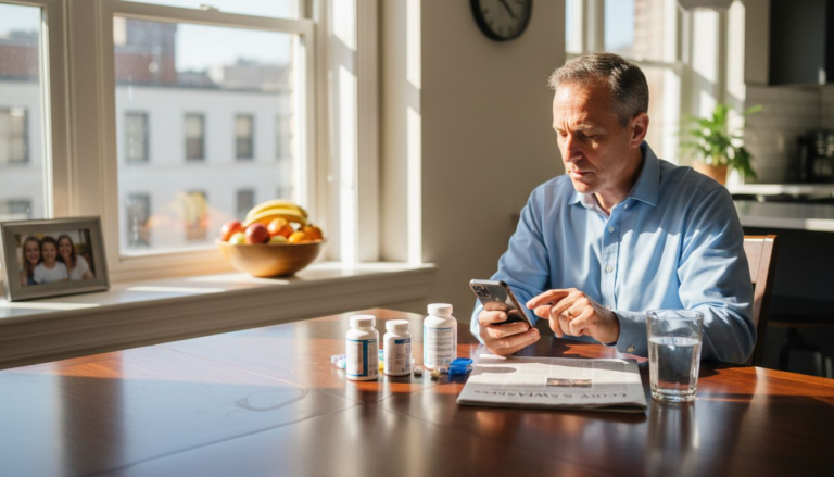 Man organizing supplements at kitchen table