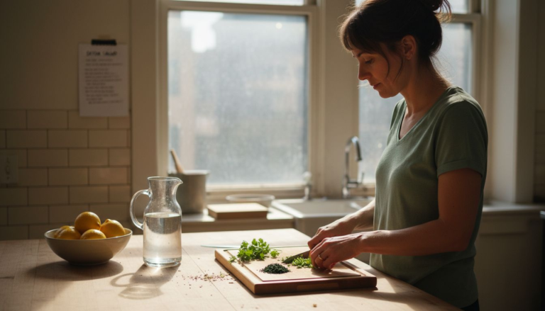 Woman preparing detoxifying foods in sunny kitchen